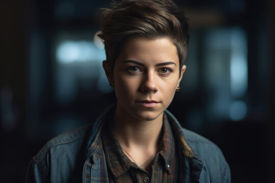 Generative AI image of portrait of confident young tomboy female in earrings looking at camera while standing against blurred interior