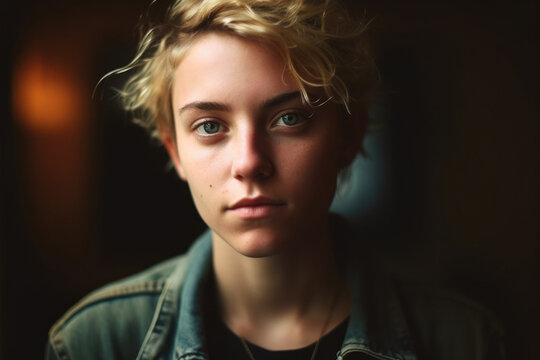 Generative AI image of portrait of confident young non binary person with blonde hair looking at camera while standing against blurred dark interior