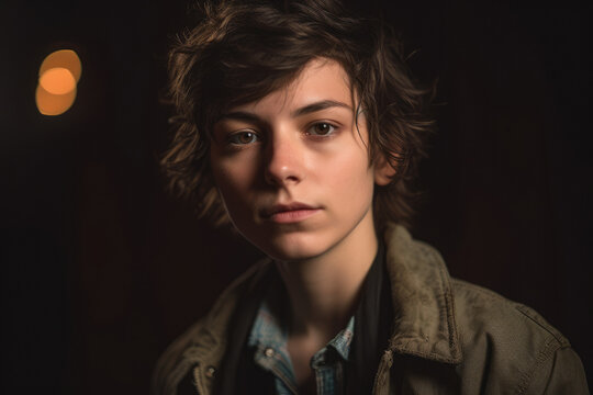 Generative AI image of portrait of confident young non binary person with brown hair looking at camera while standing against blurred dark interior