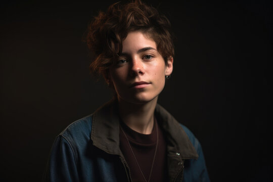 Generative AI image of portrait of confident young non binary person in earrings with curly hair looking at camera while standing against blurred dark interior
