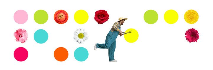 Contemporary art collage. Young man, gardener with scissors over white background. Growing flower....