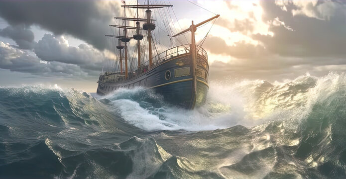 Ship in the stormy sea with huge waves. Giant stormy waves in the ocean and boat. Generated AI. © swillklitch