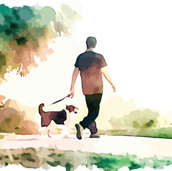 Man Taking his dog on a walk in water colour style vector