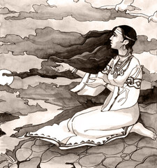Pencil drawing. Girl crying on a hillside