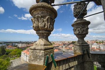 Panoramic view of Porto with stone flower boxes from the Clérigos Tower in the foreground