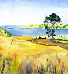 Watercolor landscape. Tree by the lake
