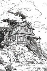 Beautiful summer day, village house in anime style. Coloring page for children, adults.