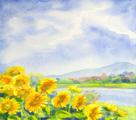 Watercolor landscape. Sunflower field near the river