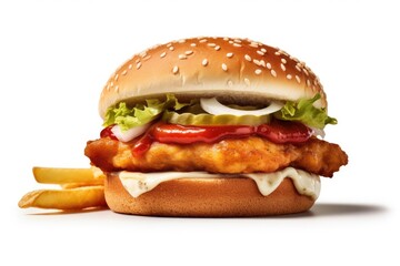 Chicken burger on isolated white background. Generative AI.