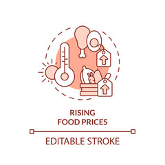 Editable rising food prices icon representing heatflation concept, isolated vector, thin line illustration of global warming impact.