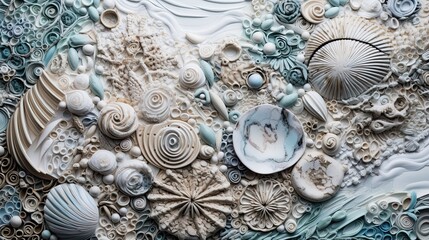 Composition of seashell textures with intricate spirals - obrazy, fototapety, plakaty
