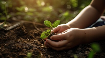 one child hands tenderly holding young plant, with sunlight streaming through the leaves, against a verdant green nature backdrop