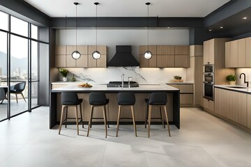 Front view of a modern designer kitchen with smooth handleless cabinets with black edges, black glass appliances, a marble island and marble countertops. Modern kitchen interior.