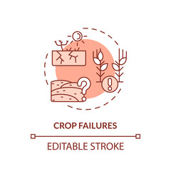 Editable crop failures icon representing heatflation concept, isolated vector, linear illustration of global warming impact.