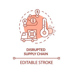 Editable disrupted supply chain icon representing heatflation concept, isolated vector, linear illustration of global warming impact.