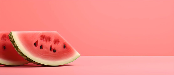 A sid view of sliced watermelons with copy space isolated on pink background, Generative AI