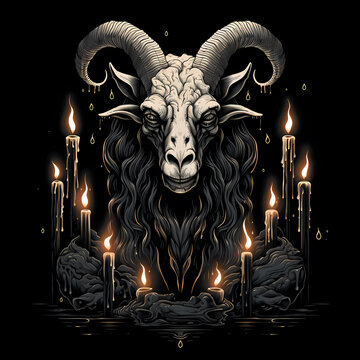 Goat and candles tattoo design dark art illustration isolated on black