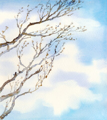 Watercolor landscape. Old bare tree