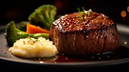 Filet Mignon cooked to medium-rare with a side of mashed potatoes and steamed vegetables