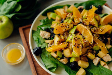 Food Photo. Vegetable and fruit salad on white plate. Health nutrition, health care. The salad consists of orange, spinach, apples, chicken, and prune