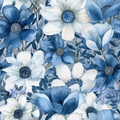 Blue watercolor seamless flowers, Floral background. Greate for textile, web design. Generative AI