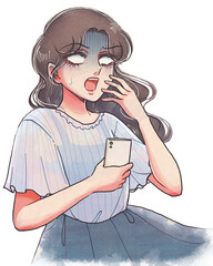スマホを見て驚愕する…お嬢様の少女まんが風イラスト