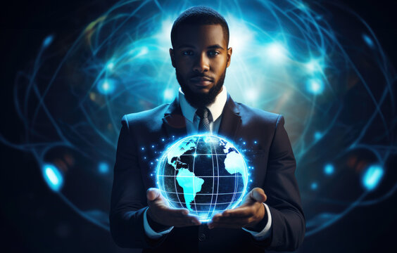 Businessman holding earth globe hologram in his hands. Global business concept, international financial network connection, world trade - Generative AI