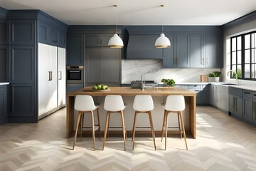 Modern kitchen interior with furniture, kitchen interior with white wall. 3D renderings.