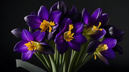 A bouquet of multi color daffodils on a black background