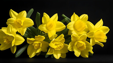 A bouquet of multi color daffodils on a black background