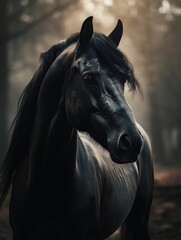 Black elegance horse isolated on black background. Arabian horse portrait closeup. Awesome, epic look.  