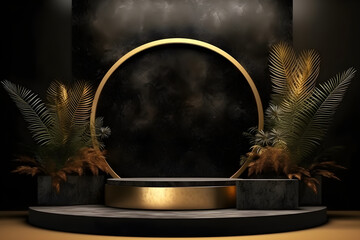 Luxury minimal black and gold podium scene for product presentation. empty luxury pedestal exhibition scene and blank template design stand on golden presentation studio display
