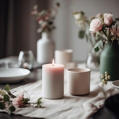 Obraz na płótnie Canvas A scented candle on a white table. Pastle pink roses in vases. Modern minimalist background. Table served for lunch, dinner. Generative AI