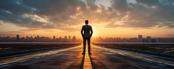 Low angle view on business man in front of sun set landscape, AI generated image