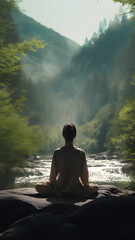 Meditating Person In Nature Background - Generated AI