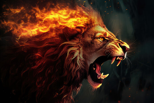 A digital of a lion engulfed in flames, symbolizing destruction, chaos, or revolution, generative AI