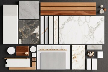 Material board with white marble, slate, terrazzo, artificial stone, and wood samples. Top view isolated on white. Generative AI