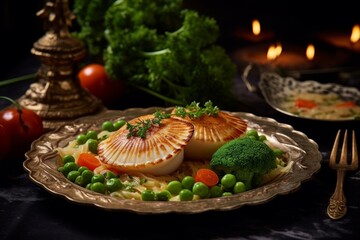Coquilles Saint-Jacques with a golden crust on top, accompanied by fresh vegetables