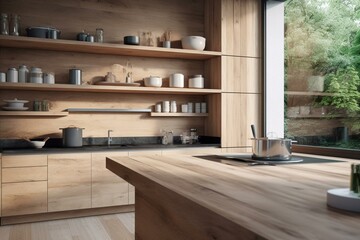 Wooden surface in modern kitchen with window and shelves. 3D rendering. Generative AI