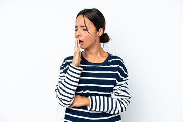 Young hispanic woman isolated on white background yawning and covering wide open mouth with hand