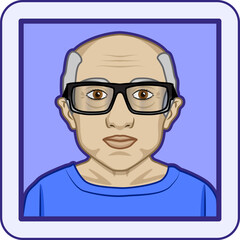 Avatar profile pic of mature man with gray hair, bald on top, brown eyes and glasses. Vector illustration.