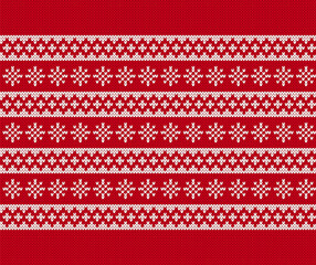 Xmas seamless background. Knit christmas pattern. Knitted sweater texture. Festive winter red print with snowflakes. Set of holiday fair traditional ornaments. Vector illustration.