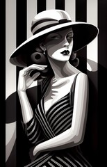 A woman in black and white striped clothing. Young woman in glamour  black dress. B&W illustration. Generative AI