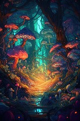 Painted magical dwarfs in a mystical unreal forest with neon light.  Magical wood with magical mushrooms. Entrance to the underground house. Secret doors. Fairy tale. Underground world  - obrazy, fototapety, plakaty