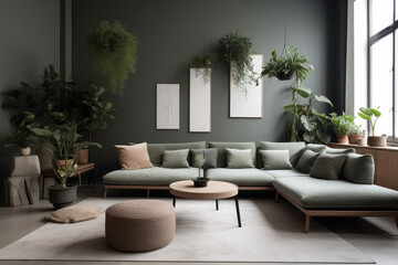 modern Interior of living room with sofas, tables and houseplants, big frame poster on it, generative AI