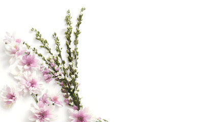 sprigs of lavender with green leaves on a light surface. background with fragrant bouquet, Generative AI