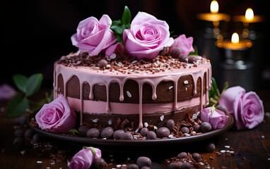 Obraz na płótnie Canvas Rose cake with pink frosting and roses, with shaved chocolate and glitter, culinary art photography