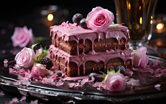 Rose cake with pink frosting and roses, with shaved chocolate and glitter, culinary art photography