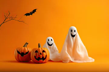 Schilderijen op glas Halloween ghosts with funny pumpkin on orange background. Happy halloween holiday concept. © reddish
