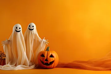 Fototapete Halloween ghosts with funny pumpkin on orange background. Happy halloween holiday concept. © reddish